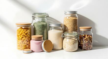 Sustainable pantry organization an array of dry goods, grains, and healthy ingredients displayed in reusable glass jars on a bright surface, reflecting eco-conscious food storage