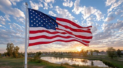 American Flag Waves Gracefully Against a Scenic Sunset Sky Over Calm Waters Reflections
