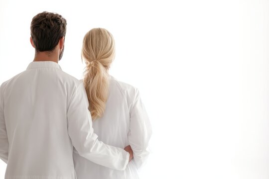 Healthcare professionals in white coats share a moment of connection by a bright window
