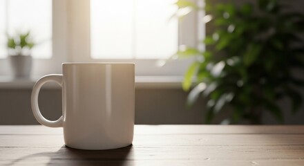 White ceramic mug sits on wooden table near window with monstera plant, creating a cozy and calming atmosphere in a bright, minimalist interior.