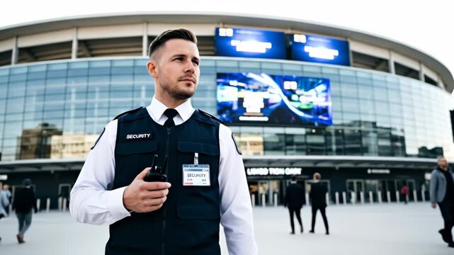 Security Guard at Modern Stadium - A security officer in uniform stands outside a modern stadium, holding a radio.