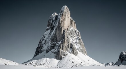 Snowy, jagged mountain peak rising from a white, snow-covered landscape