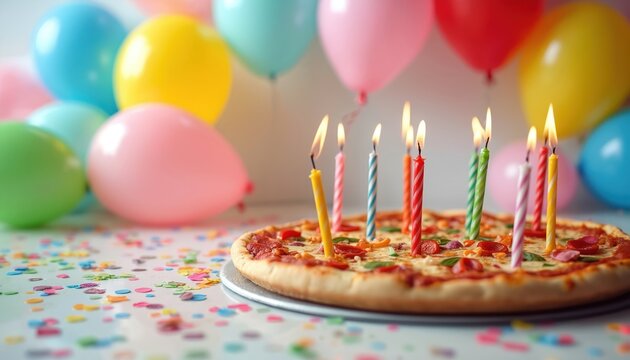 Festive birthday pizza topped with lit candles, surrounded by colorful balloons, confetti. Fun celebration meal offers unique twist on traditional party desserts for gatherings, family events, happy