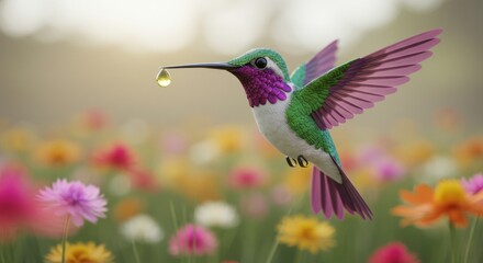 Fototapeta premium Hummingbird in flight among flowers