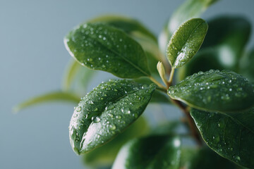 capture photorealistic ultraminimalist scene that features glistening raindrops on fresh green leaf