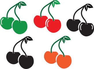 A vibrant collection of colorful cherry fruit icons. This vector set features multiple pairs of cherries in red, green, black, and orange, isolated on a white background.