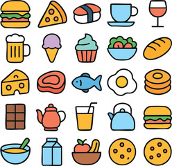Assorted Delicious Food Icons on White.