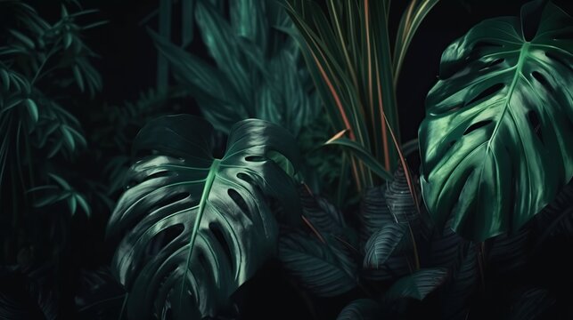Lush tropical foliage in deep greens