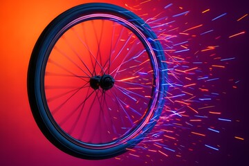 Neon Bicycle Wheel with Sparks and Motion Energy