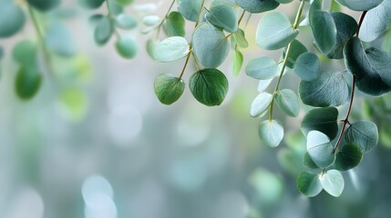Fresh eucalyptus leaves close up with natural blurred background, vibrant green foliage botanical plant texture, eco organic nature design.