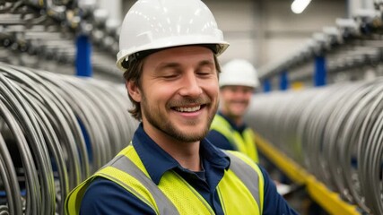A smiling male factory worker wearing a hard hat and safety vest stands in a manufacturing plant with coils of metal in the background - Powered by Adobe