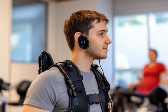 Young man using a fitness device in a modern rehabilitation center with trainers present