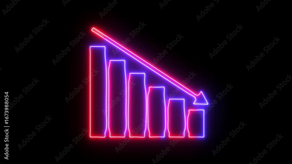 Poster animated neon line down graph icon designed in flat icon style. finance, business info graphic anima