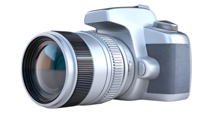 Silver digital camera with lens isolated on white background transparent png