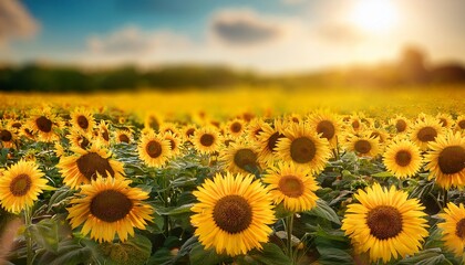 Fototapeta premium sunflower field on a warm sunny day with blurred background