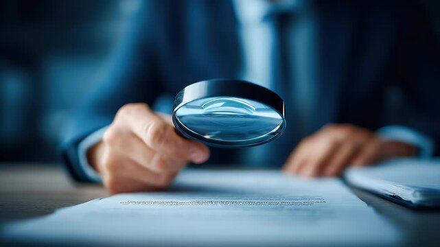 Person examining documents with magnifying glass
