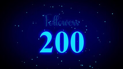 Futuristic Glowing Blue Neon Light 200 Followers Text Reveal With Floor Reflection Amid The Falling star Snow On blue Background, Seamless Looping new year, celebrating followers milestone.