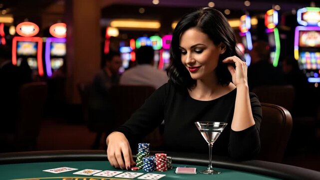 Woman Playing Casino Card Game - A young woman in a black dress sits at a casino table, concentrating on a card game.