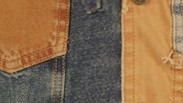 Closeup of a patchwork denim jacket with distressed details Vintage fashion.