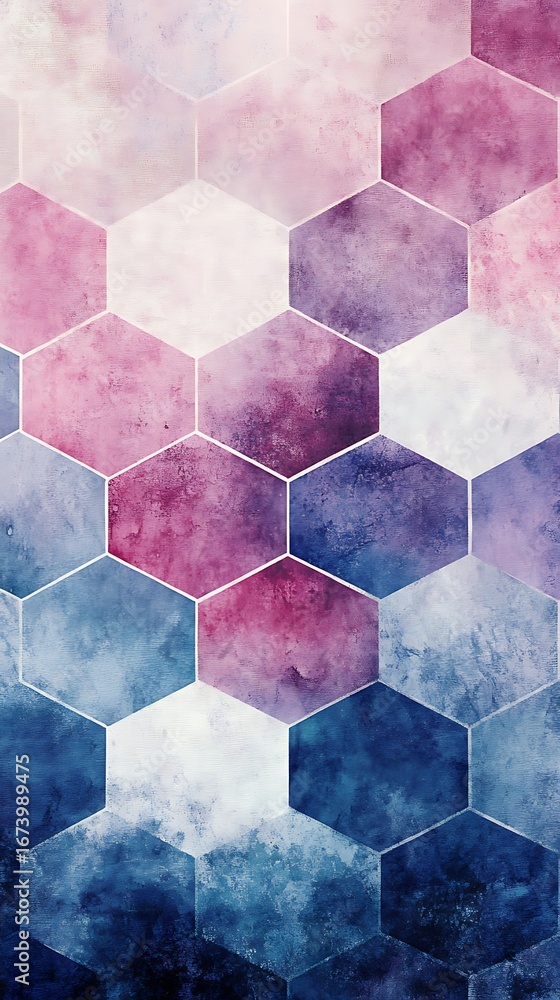 Poster watercolor hexagon pattern in pink and blue shades for abstract backgrounds and designs texture art 