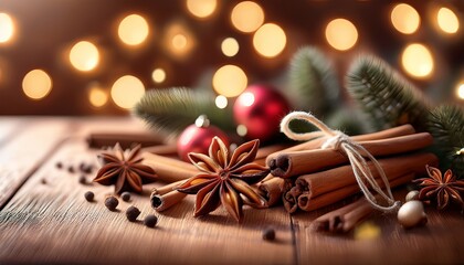 close up of aromatic christmas spices including cinnamon sticks star anise and cloves arranged on wooden surface with festive decorations and soft bokeh lights creating a warm holiday atmosphere