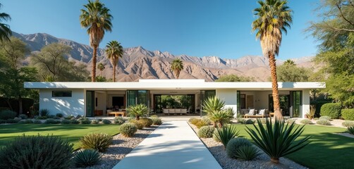 Modern Palm Springs home offers serene desert retreat with vibrant plants, clear blue skies. Stylish residence boasts minimalist architecture, open spaces, landscaping creating idyllic oasis for