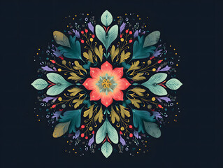 Colorful Floral Mandala with Symmetrical Botanical Pattern on Dark Background