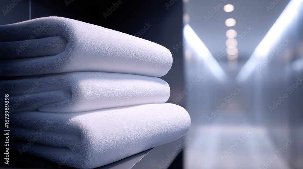 Poster stacked white towels on a clean shelf create a serene atmosphere in a modern space. ideal for wellne