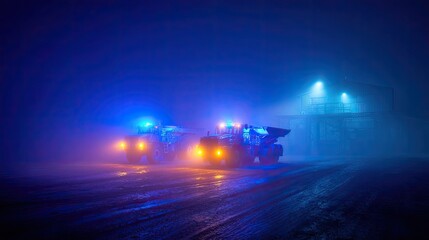 Foggy night, heavy machinery. Blue emergency lights illuminate two large trucks on a muddy industrial site