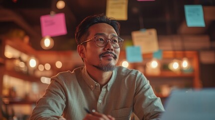 Fototapeta premium Asian trainer presenting a business plan on a flip chart in a modern meeting room.