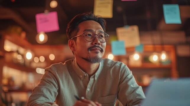 Asian trainer presenting a business plan on a flip chart in a modern meeting room.