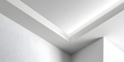 Minimal interior fragment with abstract architectura background, featuring corers, soft shadows, and a wite ceiling design.