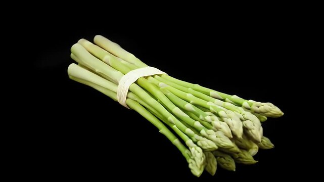 Bunch of Fresh Green Asparagus Tied with a Raffia String on a Black Background for Culinary Use and Healthy Eating Habits