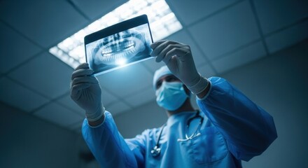 Surgeon in scrubs examines a dental X-ray under bright surgical lights