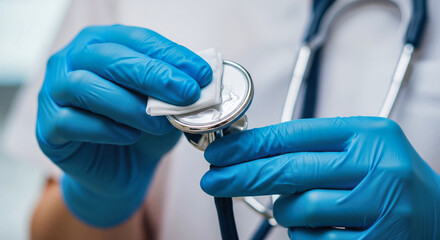 Nurse's hands in gloves sanitizing medical equipment with an antiseptic wipe before use