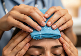 Fototapeta premium Nurse's hands applying a cool compress to the forehead of a patient with a fever