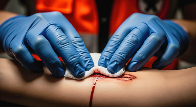 Paramedic or nurse's hands applying pressure with gauze to stop bleeding on a wound