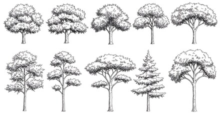 Fototapeta premium Hand-Drawn Tree Collection: Detailed Line Art Sketches
