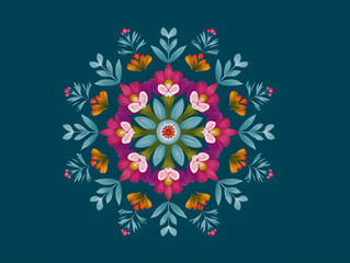 Colorful Floral Mandala with Symmetrical Botanical Pattern on Blue Background