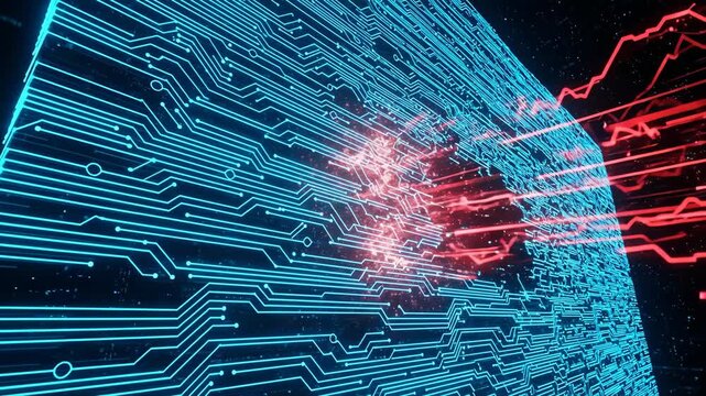 Abstract Blue Firewall Digital Security - A stylized 3D animation of a blue glowing circuit board wall acting as a firewall, with red energy streams impacting it.