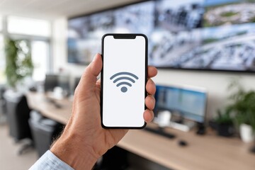 A person's hand holds a smartphone displaying a WiFi icon, in a modern office with multiple monitoring screens blurred in the background.