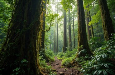 Obraz premium Rich Hawaiian rainforest trail, dense green growth with towering trees, vines. Overgrown path winds through humid jungle flora. Sunbeams filter through thick canopy, illuminating ferns, mossy trunks.