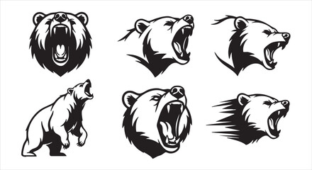Six fierce bear head illustrations showcase the animals power and aggression, isolated on white background, perfect for logo, tattoo, or graphic design