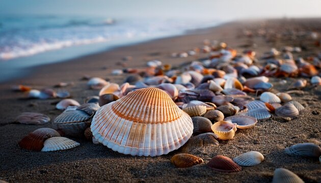 the memory of the sea beautiful seashells on shell beach cockle cardium near the surf line winter foggy cold sea anadara scapharca inaequivalis an ancient mollusk from the cretaceous period