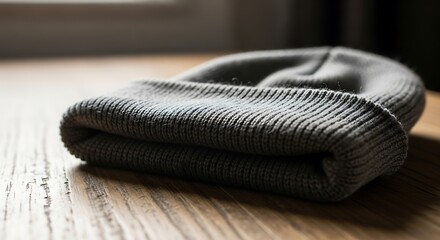 Muted Gray Knit Beanie on Rustic Wooden Surface with Subtle Light and Shadows Depicting Calmness