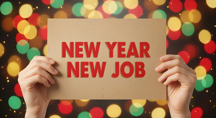 Hands Holding New Year New Job Sign in Red Text with Festive Blurred Lights Background
