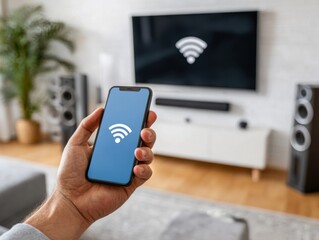 A hand holding a smartphone with a Wi-Fi symbol, mirroring a large TV screen in a contemporary living room.