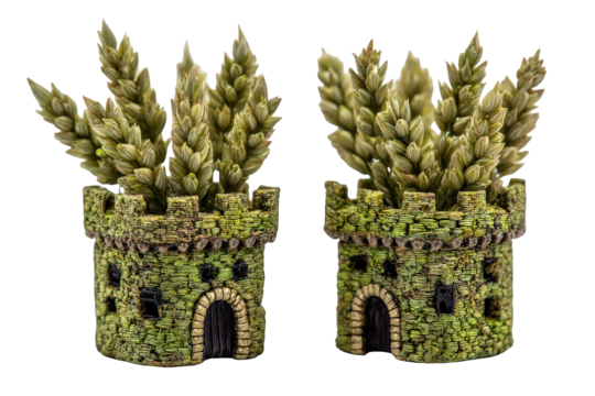 Pair of Green Stone Miniature Castles with Wheat Top