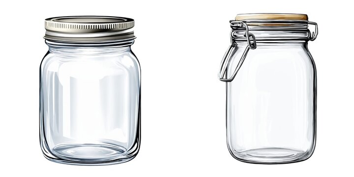 Set of empty glass jars isolated on white background