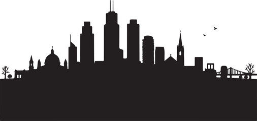 Obraz premium Black silhouette of a city skyline with a bridge and birds